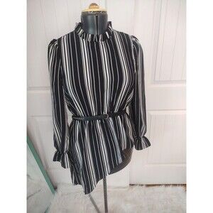 LNV Striped Black And White Asymmetrical Ruffled High Neck Belted Blouse M Nwt